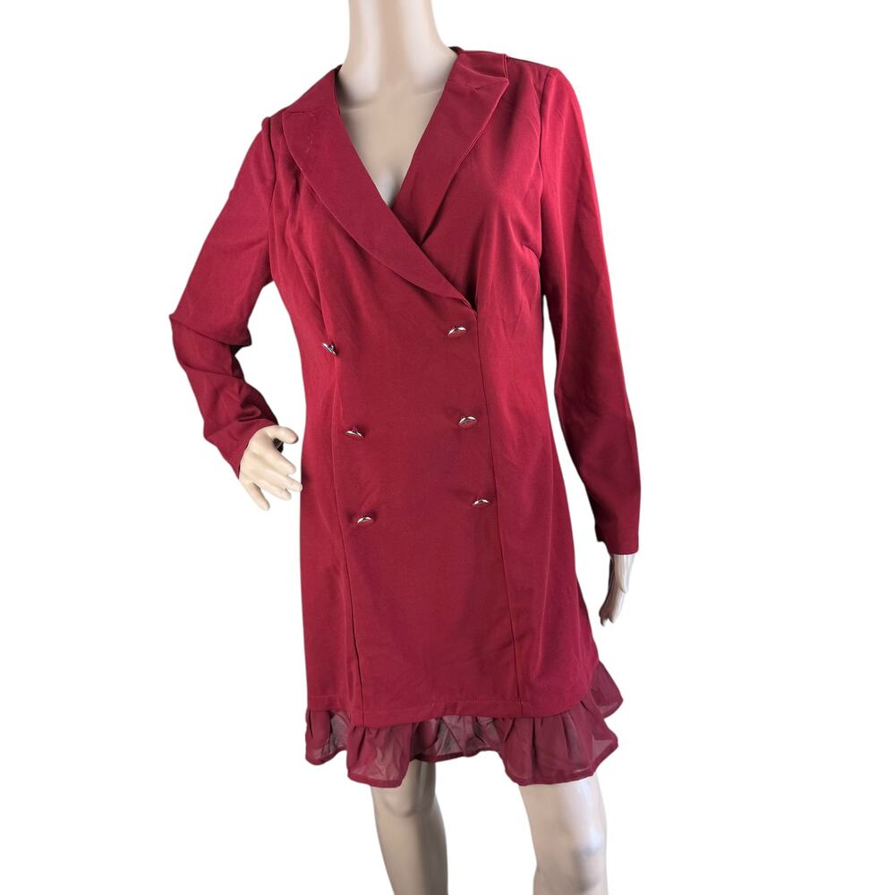 New Available Women Red Long Sleeve Ruffle Hem Double Breasted Dress Size L